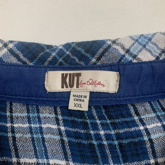 Kut From The Kloth Shirt Womens XXL Blue Plaid Flannel Snap Button Tap Sleeve - Picture 8 of 11